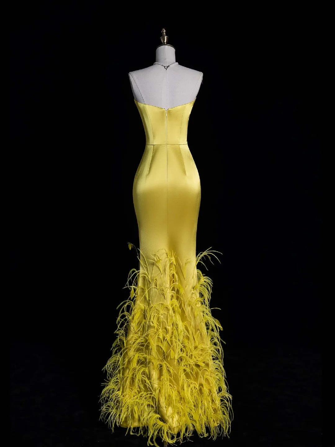 Unique Mermaid Sweetheart Gold With Feathers Satin Long Prom Dresses Evening Outfits Formal Dress N1052