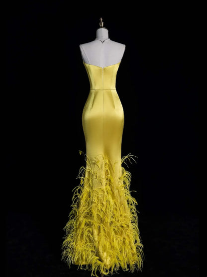 Unique Mermaid Sweetheart Gold With Feathers Satin Long Prom Dresses Evening Outfits Formal Dress N1052