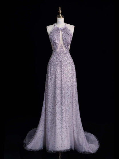 Elegant A line Halter Grey Sequin Long Prom Dresses For Teens Evening Outfits Formal Dress N1053