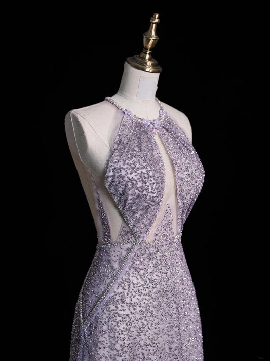 Elegant A line Halter Grey Sequin Long Prom Dresses For Teens Evening Outfits Formal Dress N1053