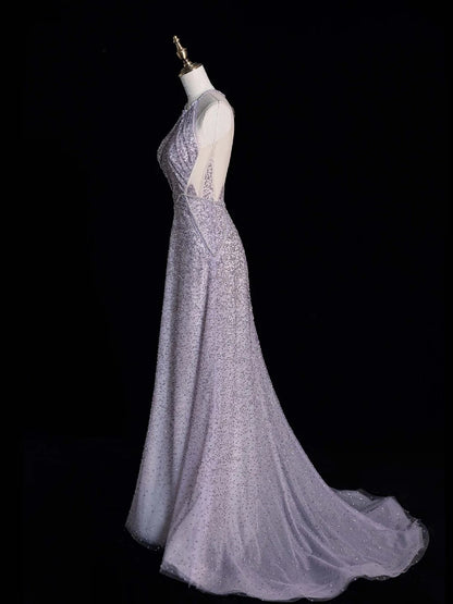 Elegant A line Halter Grey Sequin Long Prom Dresses For Teens Evening Outfits Formal Dress N1053