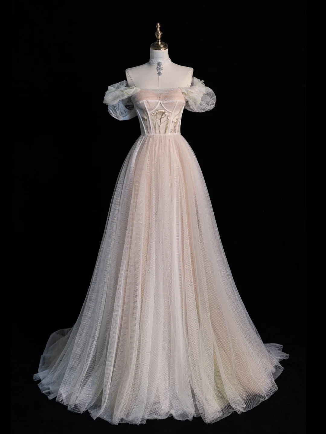 Modest Ball Gown Off The Shoulder Champagne Long Prom Dresses For High School Teens Girls Formal Bridesmaid Dress N1054
