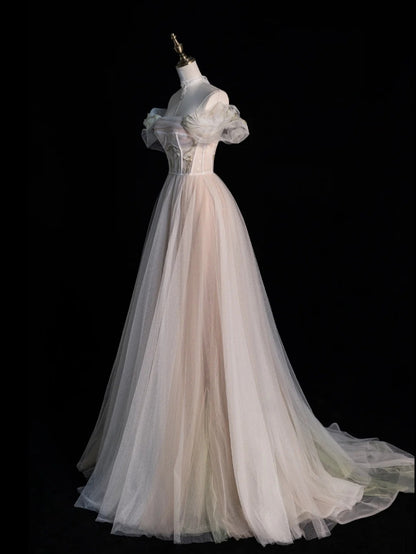 Modest Ball Gown Off The Shoulder Champagne Long Prom Dresses For High School Teens Girls Formal Bridesmaid Dress N1054