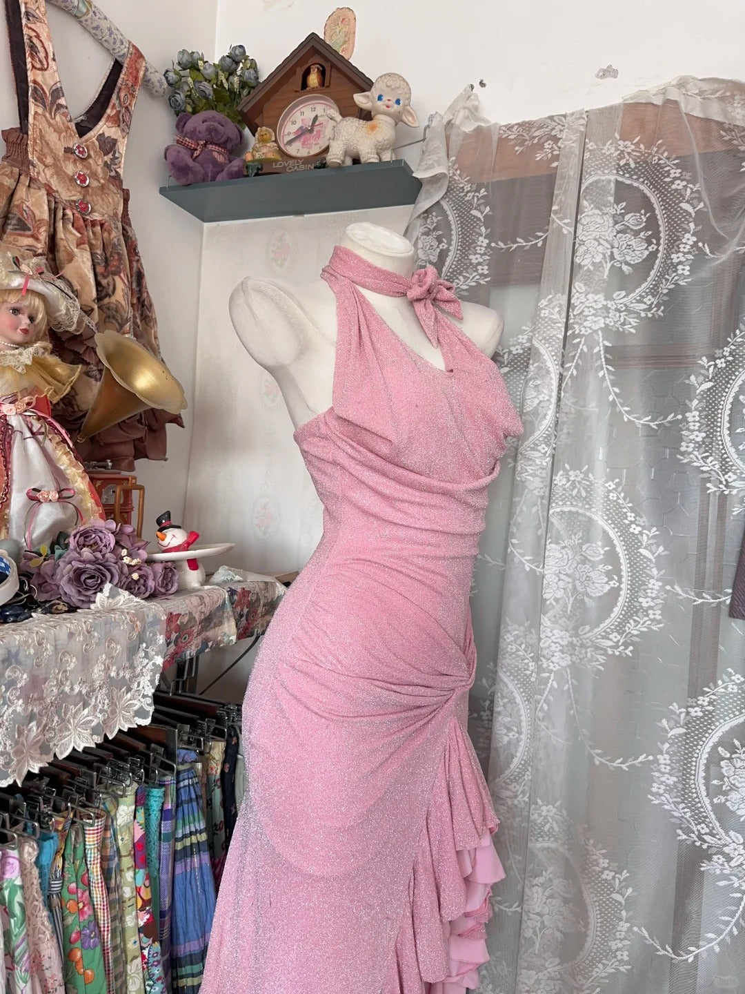 Charming Mermaid High Neck Pink With Ruffles Sequins Long Prom Dresses Evening Outfits Formal Dress N1044