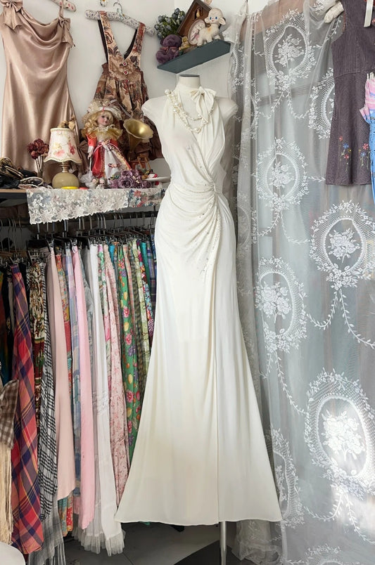 Elegant Mermaid Halter Ivory Long Prom Dresses For Teens Evening Outfits Formal Dress N1056