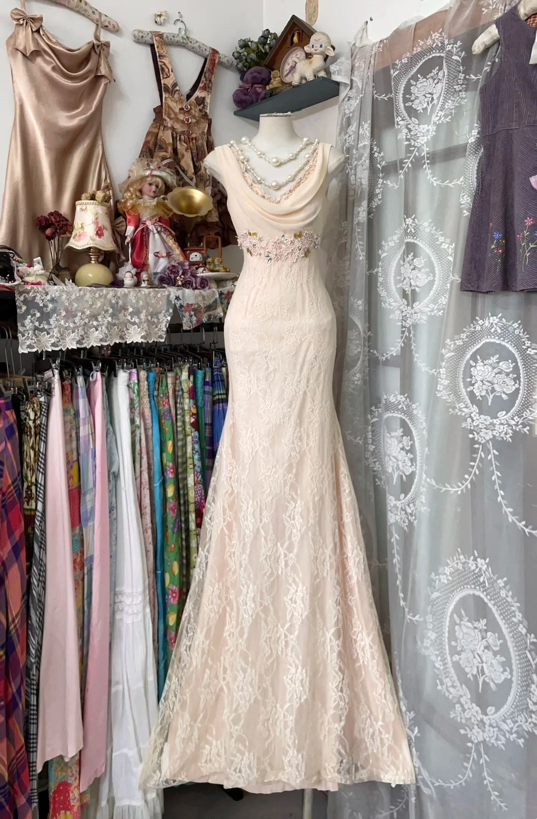 Unique Mermaid Cowl Neck Blush Pink Lace Long Prom Dresses Evening Outfits Formal Dress N1058