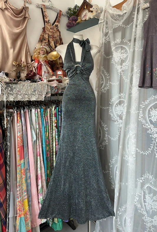 Retro Mermaid Halter Grey Long Prom Dresses For Teens Evening Outfits Graduation Dress N1061