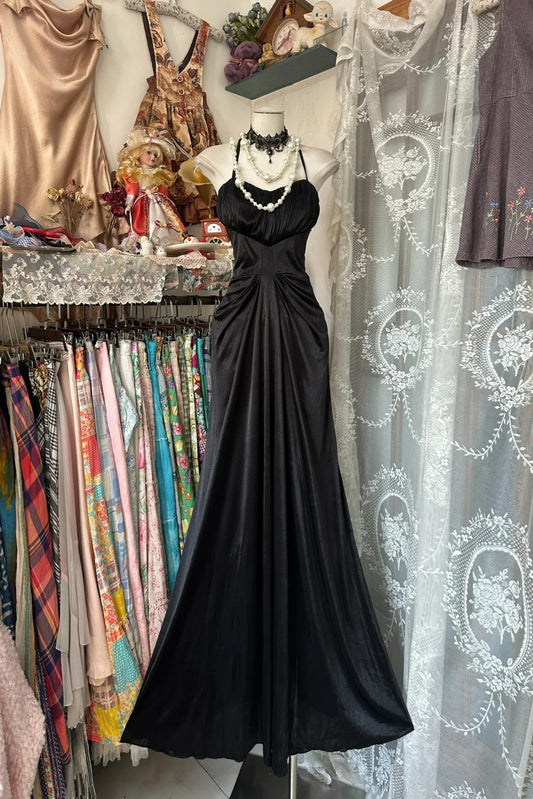 Elegant Mermaid Halter Black Satin Long Prom Dresses For Teens Evening Outfits Formal Dress N1063