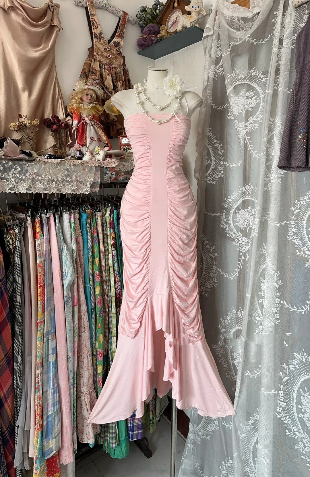 Unique Mermaid Strapless Pink Tiered Long Prom Dresses Evening Outfits Formal Dress N1059