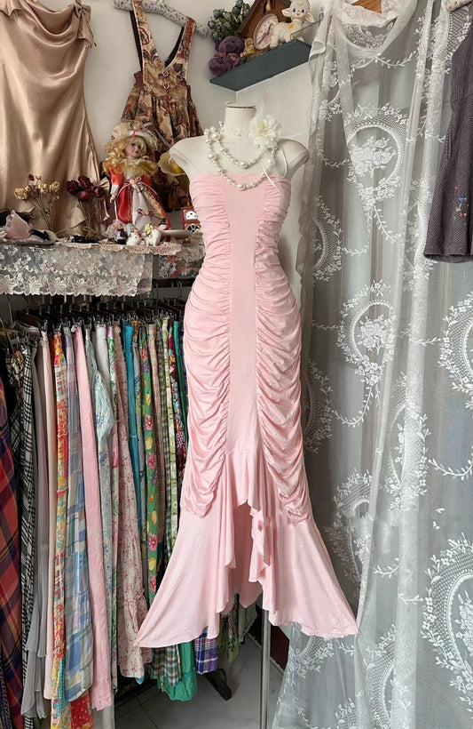 Unique Mermaid Strapless Pink Tiered Long Prom Dresses Evening Outfits Formal Dress N1059