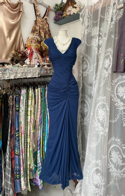 Retro Mermaid V Neck Navy Blue Chiffon Long Prom Dresses For Teens Evening Outfits Graduation Dress N1062