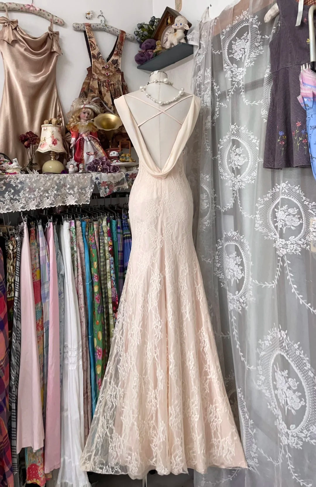 Unique Mermaid Cowl Neck Blush Pink Lace Long Prom Dresses Evening Outfits Formal Dress N1058