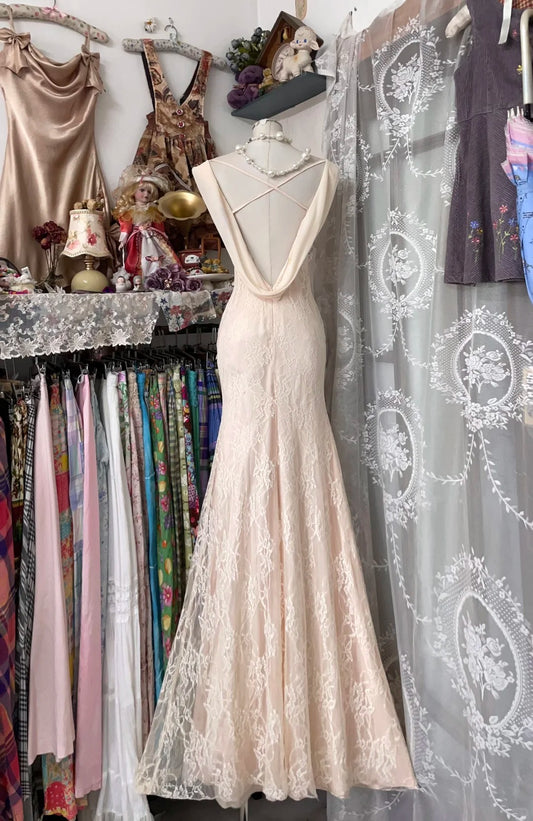 Unique Mermaid Cowl Neck Blush Pink Lace Long Prom Dresses Evening Outfits Formal Dress N1058