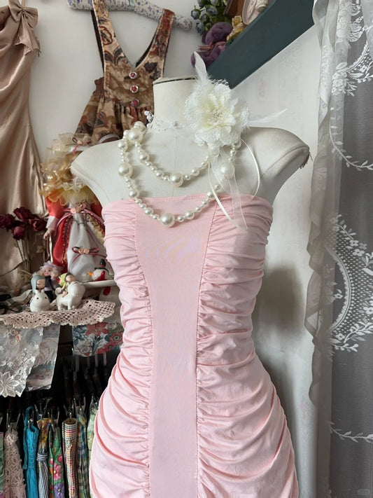 Unique Mermaid Strapless Pink Tiered Long Prom Dresses Evening Outfits Formal Dress N1059