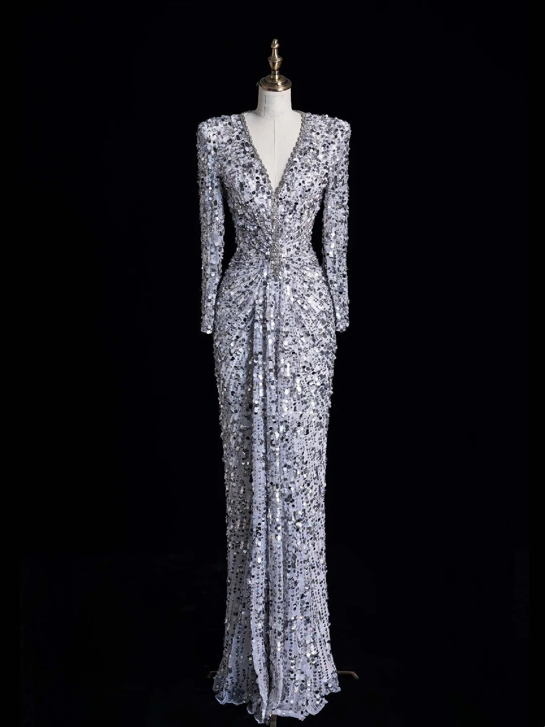 Charming Mermaid V Neck Silver Gray With Ruch Sequins Long Prom Dresses Evening Outfits Formal Dress N1045