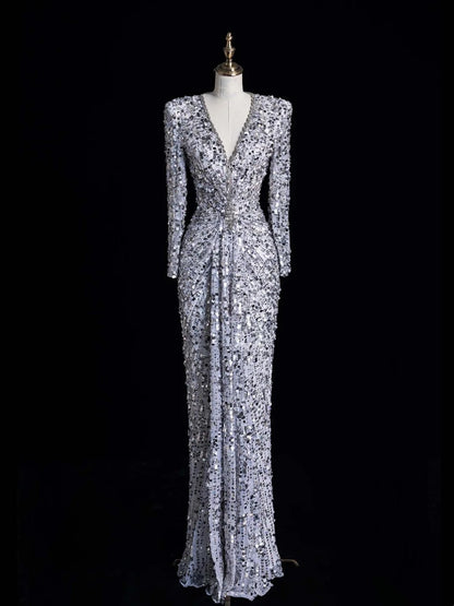 Charming Mermaid V Neck Silver Gray With Ruch Sequins Long Prom Dresses Evening Outfits Formal Dress N1045