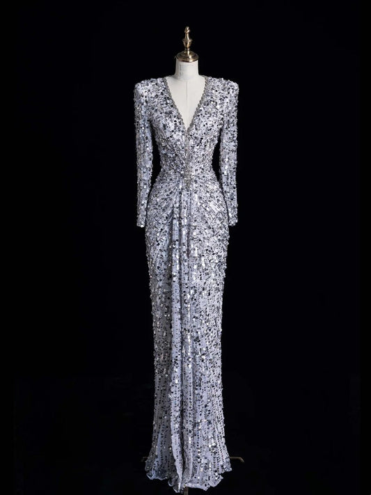 Charming Mermaid V Neck Silver Gray With Ruch Sequins Long Prom Dresses Evening Outfits Formal Dress N1045