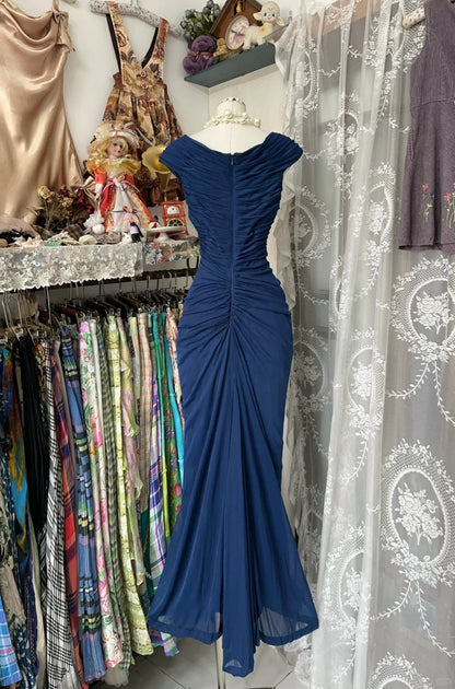 Retro Mermaid V Neck Navy Blue Chiffon Long Prom Dresses For Teens Evening Outfits Graduation Dress N1062