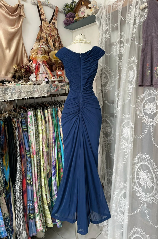 Retro Mermaid V Neck Navy Blue Chiffon Long Prom Dresses For Teens Evening Outfits Graduation Dress N1062