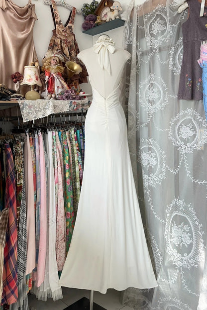 Elegant Mermaid Halter Ivory Long Prom Dresses For Teens Evening Outfits Formal Dress N1056
