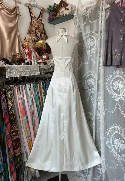 Elegant A line Halter White Satin Long Prom Dresses For Teens Evening Outfits Formal Dress N1057