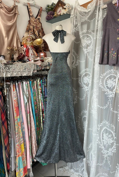 Retro Mermaid Halter Grey Long Prom Dresses For Teens Evening Outfits Graduation Dress N1061