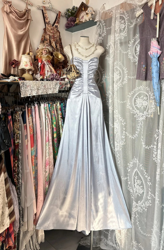 Elegant Mermaid Sweetheart Silver Satin Long Prom Dresses For Teens Evening Outfits Formal Dress N1064