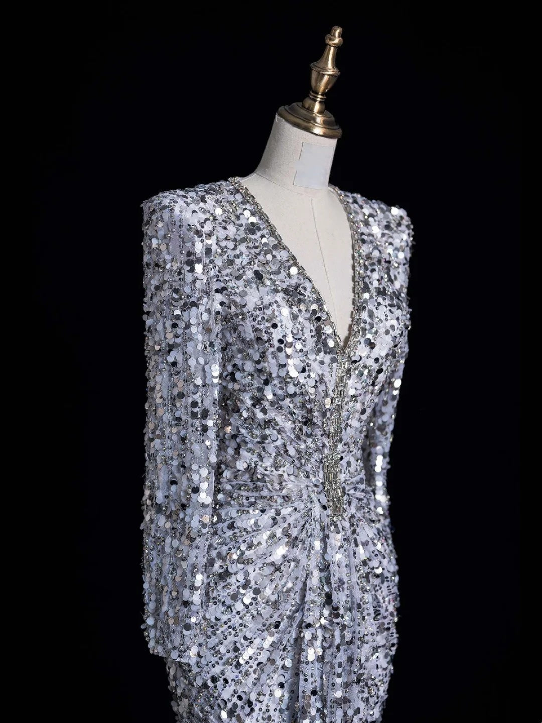 Charming Mermaid V Neck Silver Gray With Ruch Sequins Long Prom Dresses Evening Outfits Formal Dress N1045