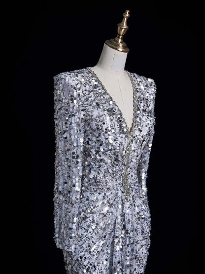 Charming Mermaid V Neck Silver Gray With Ruch Sequins Long Prom Dresses Evening Outfits Formal Dress N1045
