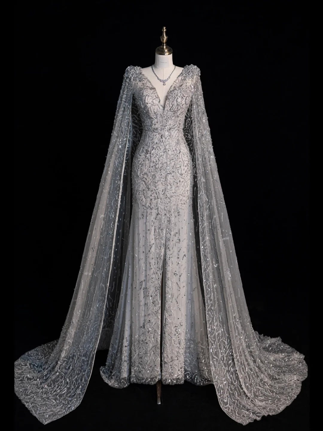 Charming Mermaid V Neck Silver Grey With Cape Sequins Long Prom Dresses Evening Outfits Formal Dress N1066