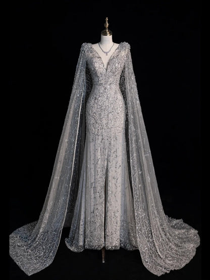 Charming Mermaid V Neck Silver Grey With Cape Sequins Long Prom Dresses Evening Outfits Formal Dress N1066