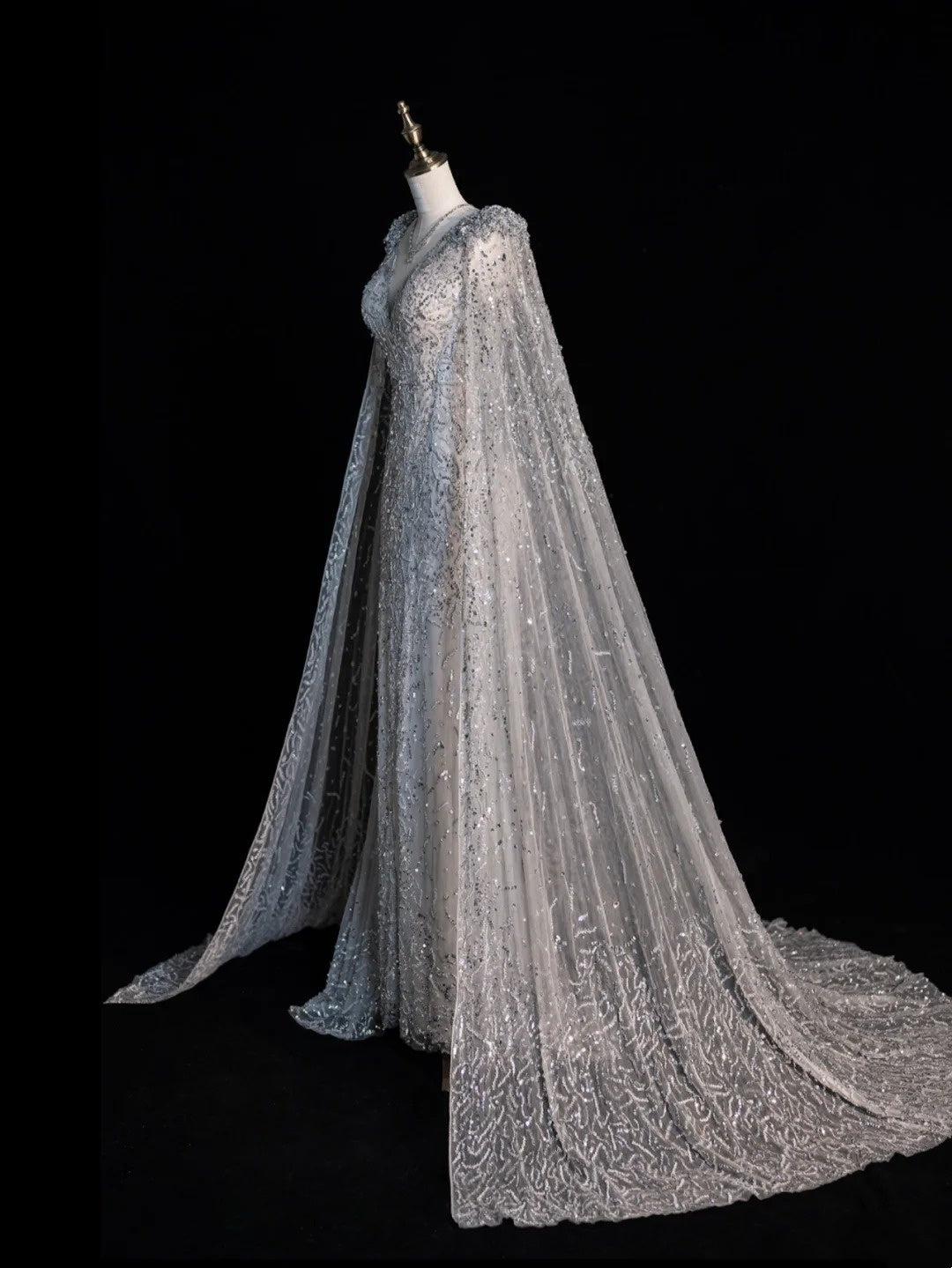 Charming Mermaid V Neck Silver Grey With Cape Sequins Long Prom Dresses Evening Outfits Formal Dress N1066