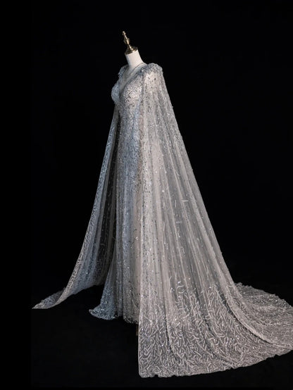 Charming Mermaid V Neck Silver Grey With Cape Sequins Long Prom Dresses Evening Outfits Formal Dress N1066