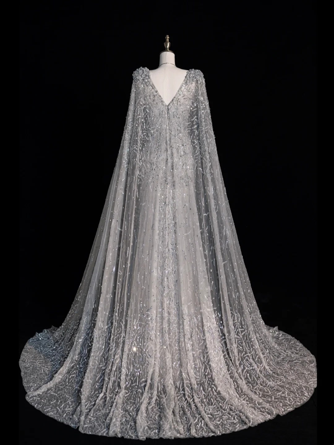 Charming Mermaid V Neck Silver Grey With Cape Sequins Long Prom Dresses Evening Outfits Formal Dress N1066