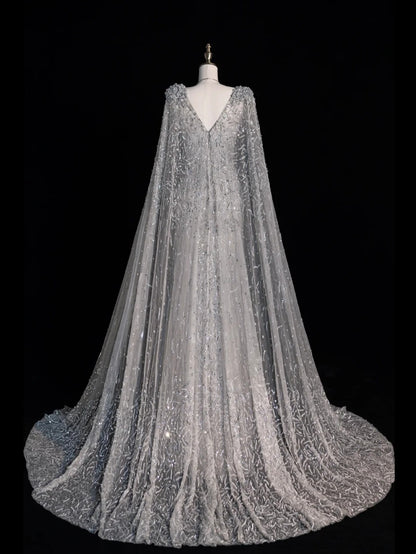 Charming Mermaid V Neck Silver Grey With Cape Sequins Long Prom Dresses Evening Outfits Formal Dress N1066