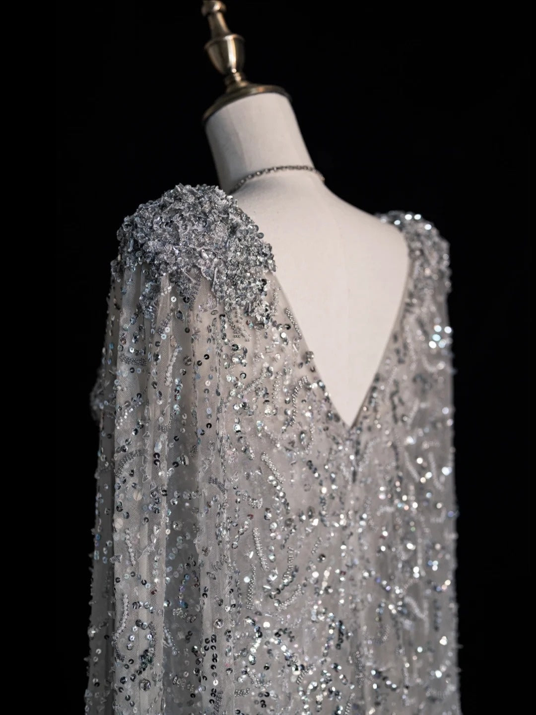 Charming Mermaid V Neck Silver Grey With Cape Sequins Long Prom Dresses Evening Outfits Formal Dress N1066