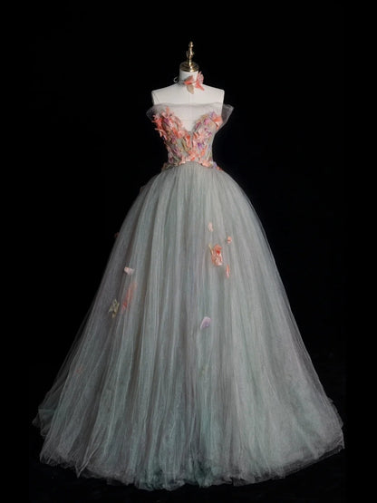 Modest Ball Gown Strapless Gray Tulle Long Prom Dresses For High School Teens Girls Formal Bridesmaid Dress N1068