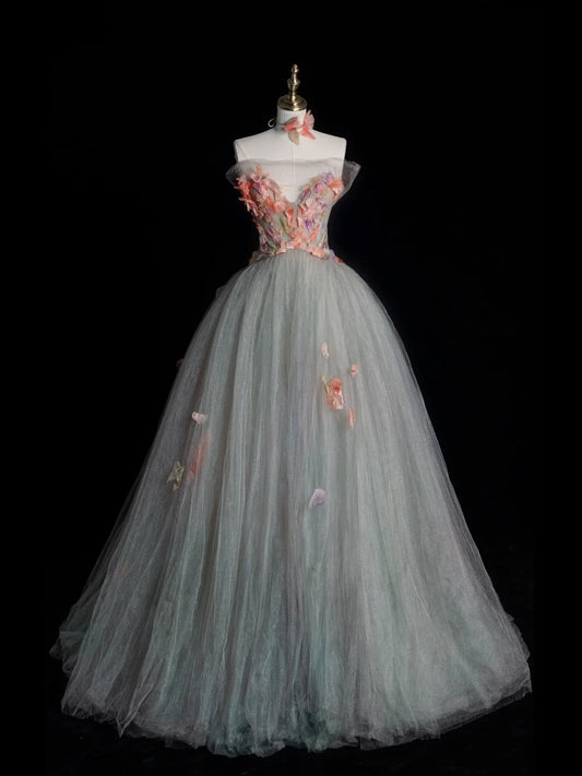 Modest Ball Gown Strapless Gray Tulle Long Prom Dresses For High School Teens Girls Formal Bridesmaid Dress N1068