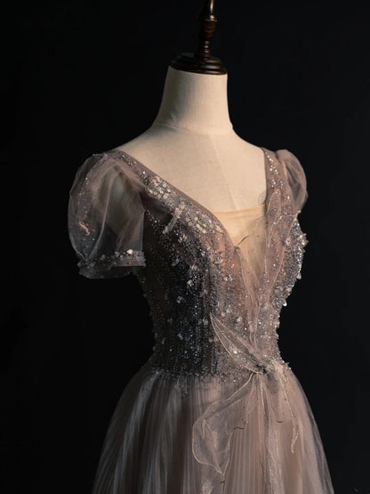 Modest A line V Neck Grey Tulle With Sleeves Beadings College Formal Outfits Long Prom Inspo Graduation Dresses N1234