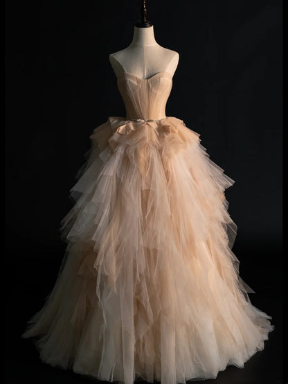 Modest Ball Gown Sweethart Tulle Champagne College Formal Outfits Long Prom Inspo Graduation Dresses N1232