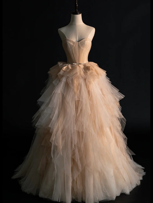 Modest Ball Gown Sweethart Tulle Champagne College Formal Outfits Long Prom Inspo Graduation Dresses N1232