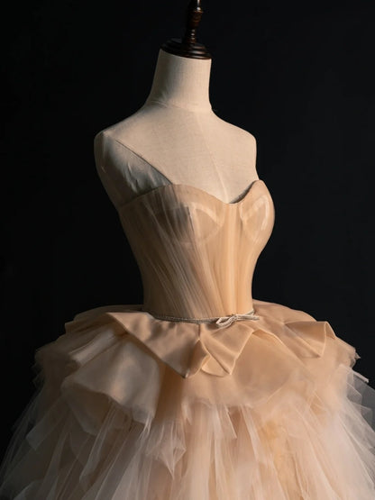 Modest Ball Gown Sweethart Tulle Champagne College Formal Outfits Long Prom Inspo Graduation Dresses N1232