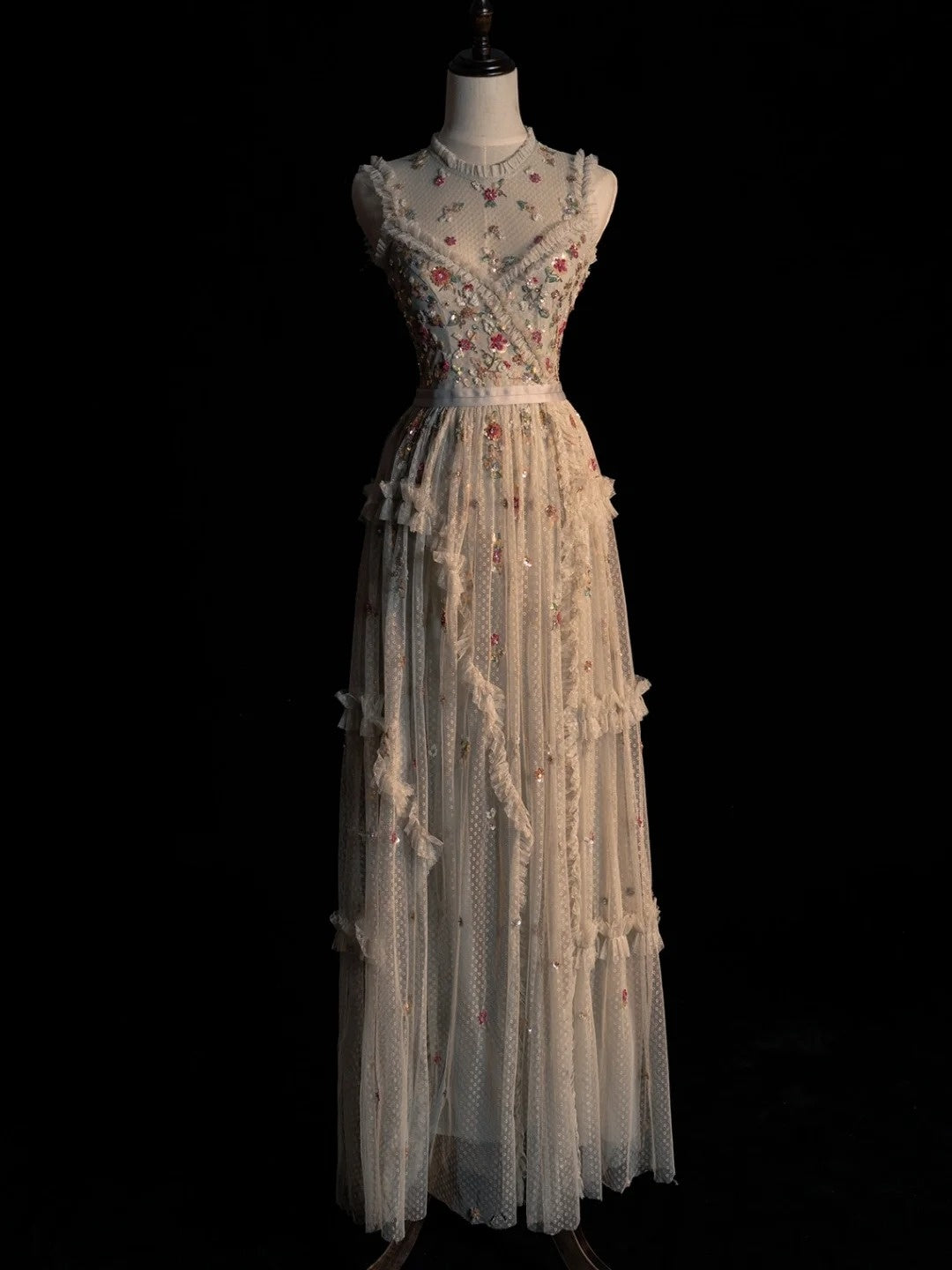 Princess A Line Spaghetti Strap White Flowers Spring Tulle Inspiration Long Prom Dresses N1235
