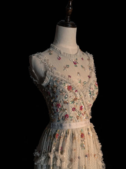 Princess A Line Spaghetti Strap White Flowers Spring Tulle Inspiration Long Prom Dresses N1235