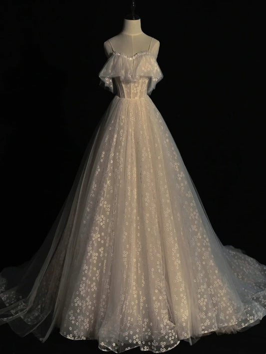 Princess Ball Gown Spaghetti Strap White Flowers Spring Tulle Inspiration Long Prom Dresses N1236