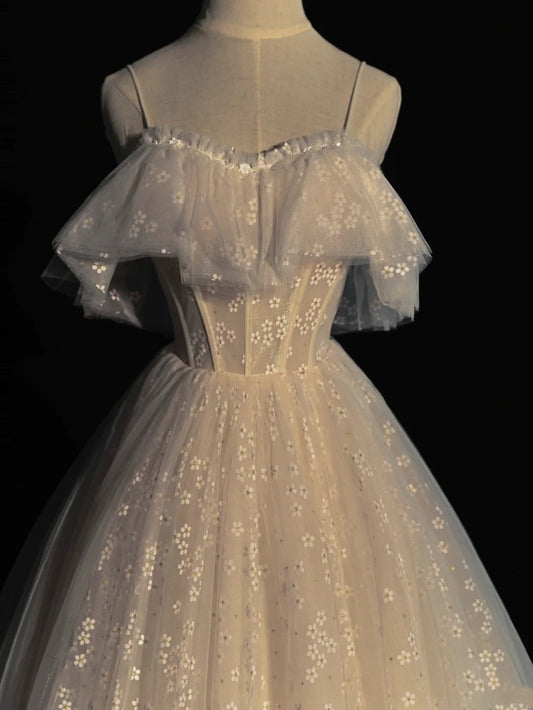 Princess Ball Gown Spaghetti Strap White Flowers Spring Tulle Inspiration Long Prom Dresses N1236