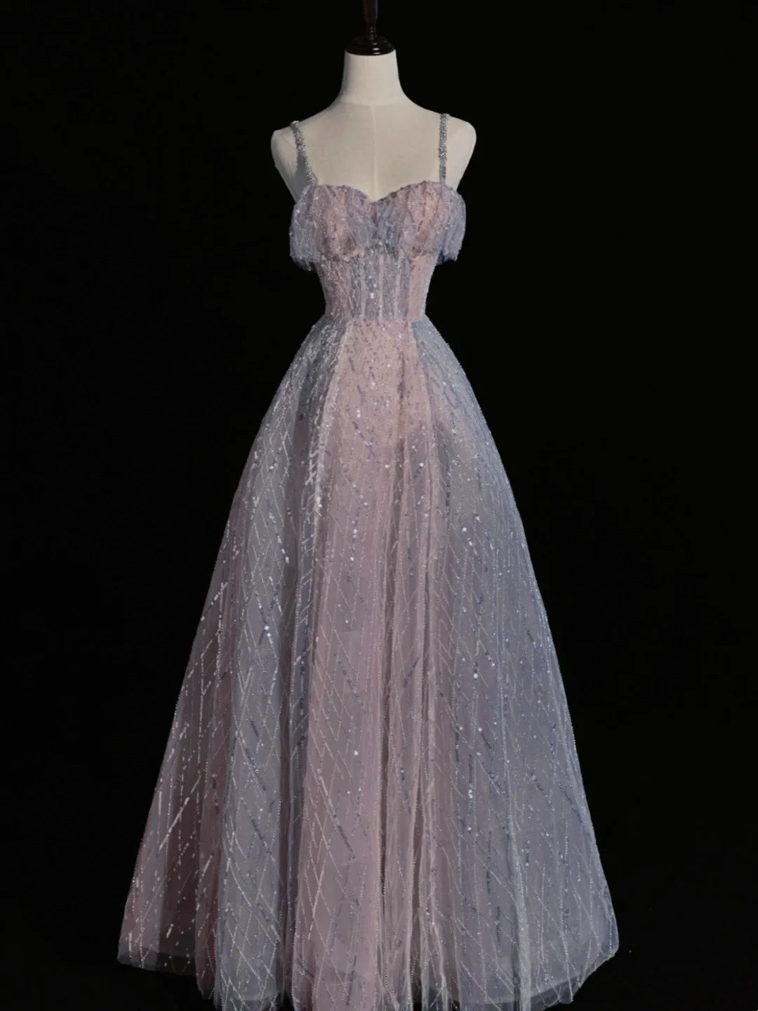 Princess Ball Gown Spaghetti Strap Dusty Blue Sequin Spring Inspiration Long Prom Dresses N1237