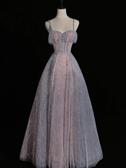 Princess Ball Gown Spaghetti Strap Dusty Blue Sequin Spring Inspiration Long Prom Dresses N1237