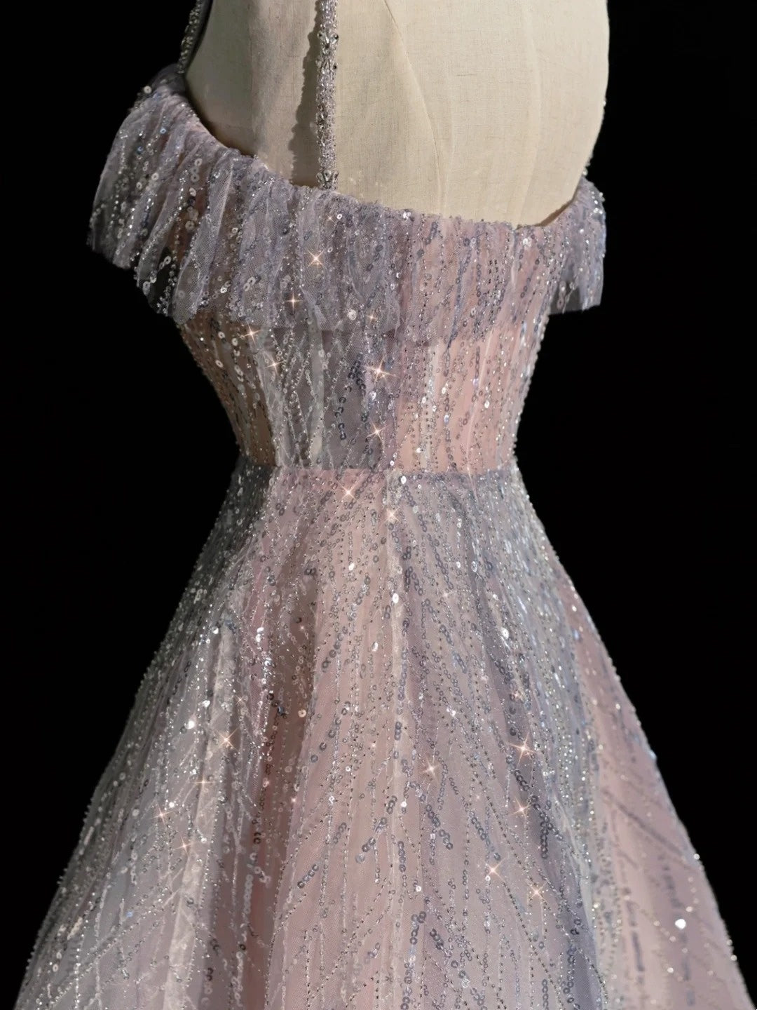 Princess Ball Gown Spaghetti Strap Dusty Blue Sequin Spring Inspiration Long Prom Dresses N1237