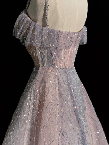 Princess Ball Gown Spaghetti Strap Dusty Blue Sequin Spring Inspiration Long Prom Dresses N1237